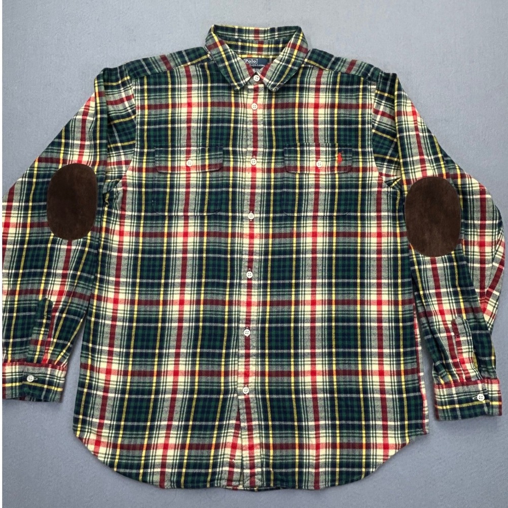 Polo Ralph Lauren Boys XL‎ 18-20 Plaid Flannel Shirt Suede Elbow Patches Green